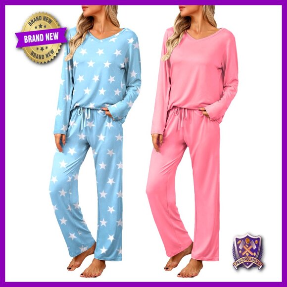 Soft Polyester Pajama Set with Pockets Loose Fit V-Neck Top